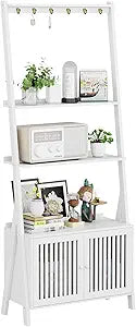 Bookcase with Drawers, 4-Tier Bamboo Bookshelf Ladder Shelf with 6 Hooks, 59.5"H x 24.8"L x 10.6"W, Tall Narrow Freestanding Standing Storage Organizer for Living Room, Office, Bedroom, White