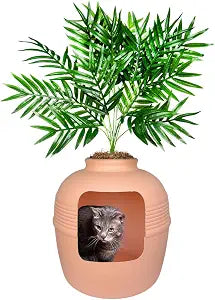Good Pet Stuff Original Hidden Litter Box Planter, Decorative Cat Litter Enclosure, Carbon Filter, Faux Plant, Round Design, Easy to Clean, Base Kit, Palm Plant, Blush Coral