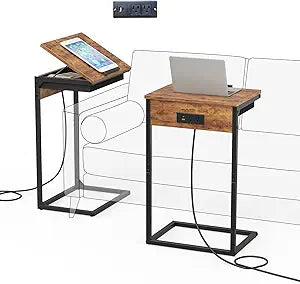 sthmec C Shaped End Table with Charging Station,45 Tiltable Adjustable Flip Top Side Table Set of 2,Small C Table Set 2 for Small Spaces,Slide Under Couch Sofa Bedside Table Living Room,Rustic Brown