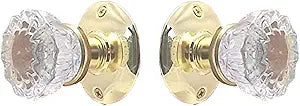 Rousso's Reproductions Crystal Antique Replica Surface Mount Dummy French Door Knob Set for One Side of Two Doors or Both Sides of One Door Also for Decorating Ideas with Faux Knobs (Polished Brass)