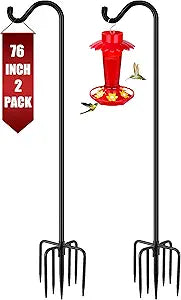 Gtongoko Shepherds Hook for Outdoor, 76 Inch Bird Feeder Pole with 7 Prongs Base, 3/4 Inch Thick Heavy Duty Adjustable Garden Hook for Hanging Plant, Hummingbird Feeder, Lantern, 2 Pack
