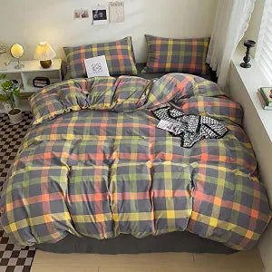 DONUES Plaid Duvet Cover Set Queen Size Bedding Set 100% Washed Cotton Reversible Multicolor Grid Checkered Duvet Cover with 2 Pillowcases(Queen 90"x90", Comforter Not Included)