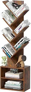 SHEEPAM 10 Tier Tree Bookshelf,Floor Standing Wood Tall Bookcase for Narrow Space, Storage Organizer Bookshelves for Books, Book Case for CDs/Movies/Books,Home Office,Living Room, Bedroom