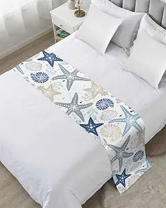 Blue Khaki Coral Bed Runner for Cal. King Size Bed, Bedspread Protector Slipcover Bed Scarf for Foot Bed Runners & Scarves for Bedroom Hotel 94x20 Spring Summer Coastal Starfish Beach Nautical Conch