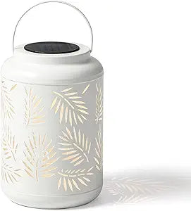 Glitzhome Solar Lantern White Metal Cutout Leaf Outdoor Hanging Solar Light with Handle for Garden Patio Yard Outdoor Decor