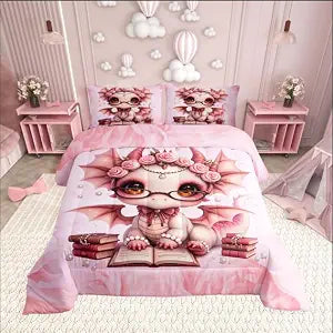 Manfei Cartoon Magical Animal Boys Girls Comforter Set Full Size,Dragon Duvet Set Teens Bedroom Decor,Pink Flowers Rose Jewelry Books Microfiber Soft Bedding