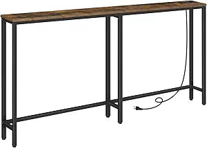HOOBRO 63" Narrow Console Table with Charging Station, 5.9" Slim Sofa Table Behind Couch, 2 AC Outlets & USB-C Ports, Long Entryway Tables for Small Spaces, Livingroom, Rustic Brown BF165UXG01G1