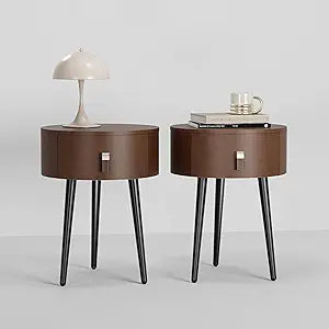 Round Nightstand Set of 2 with Single Drawer, Modern Bedside Table with Metal Legs for Bedroom, Leather Side Table, Small Accent End Table, Brown