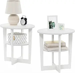 Furinno Jaya Side Table Set of 2, 2-Tier Round Modern End Table with Oval Tabletop, Night Stand, Bedside Table with Open Shelf, for Living Room, Bedroom, Plain White