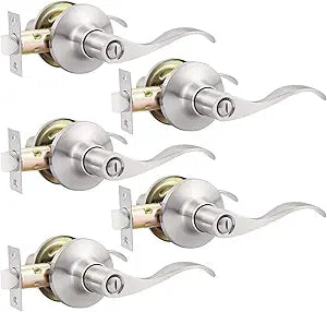 GOBEKOR 5 Pack Brushed Nickel Door Handle Interior Door Levers Privacy for Bedroom Bathroom Door Lock Keyless Wave Lever Door Handles