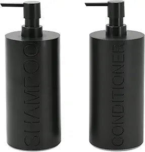 2-Pack Matte Black Resin Refillable Shampoo & Conditioner Bottles  Modern Bathroom Pump Dispenser Set, Durable Resin Shower Containers with Embossed Labels, Reusable Pump Bottle