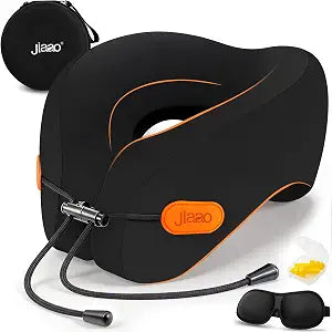 jiaao Travel Pillow Memory Foam Neck Pillow for Airplanes with Adjustable Neck Support, Includes Eye Mask, Earplugs & Storage Bag - Perfect for Flights, Road Trips, and Trains