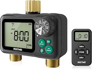 RESTMO Remote Control Brass Sprinkler Timer for Outdoor Hose Faucet 2 Zone, Max 11h59m Water Timer for Long Watering Soaker Hose, Misting with Large Dial, Rain Delay/Manual/Auto for Drip Irrigation
