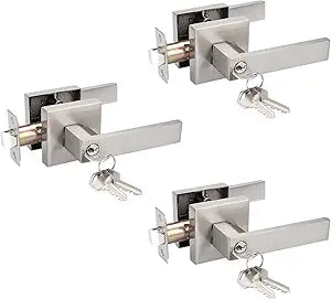 Probrico 3 Pack Interior Bedroom Entrance Door Lever Doorknobs Door Lock One Keyway Entry Keyed Alike Same Key Entrance Lockset in Satin Nickel Each with 3 Keys