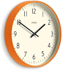 JONES CLOCKS Studio wall Clock | Modern Round Style | 12 inch | Orange | Easy to Read Numbers | Versatile Design for Kitchen, Living Room or Office