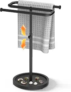 Aetyord S-Shape Countertop Towel Holder - Height Adjustable for Bathroom/Kitchen/RV | Rustproof Metal & Wood Base All Black