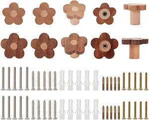 10 Pcs 2 Sizes Flower Wooden Cabinet Knobs, Coconut Brown Flower Cabinet Drawer Knobs Wood Drawer Pulls Knob for Dresser, Furniture Hardware
