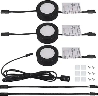 LUMILAND Wired LED Puck Lights Kit 2.68" Wide 3000K, 120V Plug-in or Hardwired Installation with Recessed or Surface Mounted, Black, Set of 3