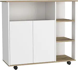Tuhome Paprika Kitchen Cart with Double-Door Cabinet, Four Open Shelves, Locking Casters, Spacious Countertop Surface, Mobile Multi-Purpose Storage Organizer for Meal Prep, Small Appliances