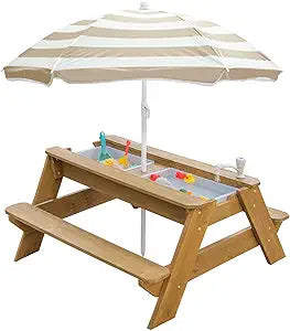Kids 3-in-1 Sand & Water Table, Wood Outdoor Convertible Picnic Table w/Umbrella, 2 Trays, Removable Top with Faucet, Picnic Table for Outdoor Playset (Natural/Brown)