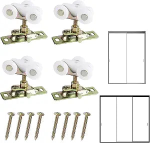 4Pcs Sliding Pocket Door Rollers Assembly for Johnson Part Hardware Kit, Sliding Door Wheels Replacement Part with Top Hanger for Bypass, Closet Doors