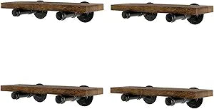 Wall Mounted Floating Shelves, Floating Shelves with Industrial Pipe Brackets Set of 4 Rustic Wood Storage Shelf for Bedroom Living Room Bathroom Kitchen Office and More (4, Brown)
