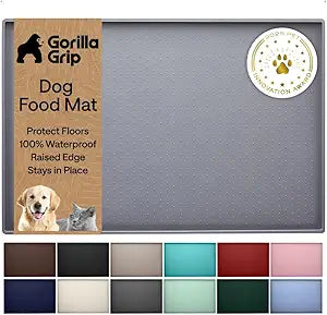 GORILLA GRIP 100% Waterproof Raised Edge BPA Free Silicone Pet Feeding Mat, Dog Cat Food Mats Contain Spills Protects Floors, Placemats for Cats and Dogs Water Bowl, Pets Accessories 26x17 Gray