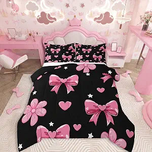 jejeloiu Bowknot Comforter Set All Season Black Pink Bedding Set with 1 Pillow Cases Pink Bow Microfiber Kids Twin Bedclothes Colourful Bowknot Bedroom Decor Duvet Quilt Breathable