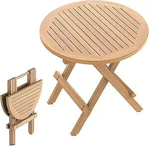 OTSUN Teak Wood Round Foldable Side Table Outdoor, Portable Patio End Table for Garden, Pool & Balcony, Natural Wooden Accent Table