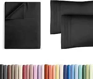 King Size Flat Bed Sheet + 2 Pillowcases Bundle - Hotel Luxury Single Flat Bottom Sheet Only - Fits Mattresses with Deep Pockets between 8 to 16 inches - Ultra Soft, Breathable & Wrinkle Free - Black