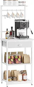 YMYNY 5 Tier Coffee Bar Station, Coffee Stand with Fabric Drawers, 8 S-Shaped Hooks, Corner Bar Cabinet, Height Adjustable, Bakers Rack for Kitchen, Living Room, White HBR009W