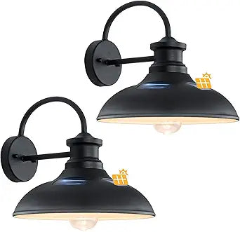Solar Barn Lights for Outside, Dusk to Dawn Farmhouse Gooseneck Barn Light, 12" Large Black Porch Light Fixture Wall Mount, Waterproof Outside Wall Lights Solar Powered for Porch Garage Patio, 2-Pack