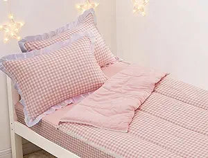 Meeting Story Zipper Bedding Twin Zip Up Bedding Set for Girls and Kids, Pink Checked Plaid 3 Pcs Comforter Bed in a Bag with Fitted Sheet and 2 Pcs Pillowcases(Pink,Twin)