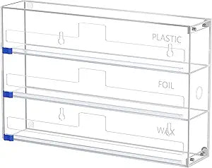 Kitchen Wrap Organizer, Foil and Plastic Wrap Organizer 3 in 1 with Sliding Cutter, Acrylic Wrap Dispenser for Drawer or Wall Mount, Fits 12 Inch Rolls