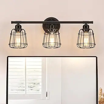 3-Light Bathroom Light Fixtures Over Mirror, Matte Black Bathroom Vanity Light with Cage, E26 Base Farmhouse Wall Sconces for Bedroom Cabinets Living Room, UL Listed
