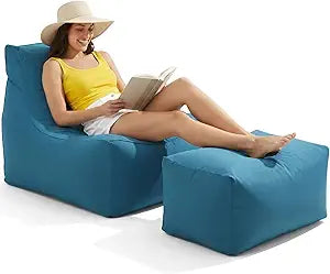 Briwooody Outdoor Bean Bag Chair with Ottoman, Large Patio Lounge Chair for Adults, Thick Filled Lounger for Pool, Deck, Backyard Relaxation Seating(Dark Blue,Minimalist)