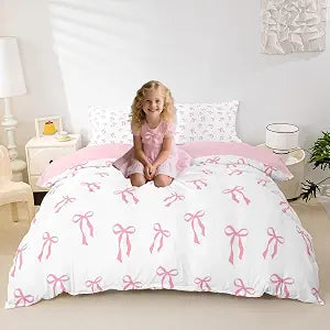 Erosebridal Cute Bowknot Kids Bedding Set Pink Bow Princess Full Comforter Set Watercolor Bow Knot Bedding Comforter Sets Simple Pink and White Duvet Insert Reversive Decor
