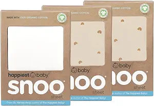 Happiest Baby SNOO Bassinet Fitted Sheet - 100% Organic Cotton Nursery Bedding - Fits SNOO Sleeper Crib Mattress - 3-Pack Bundle (Tab Rainbows (2), Ivory (1))