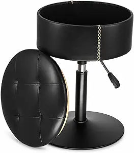 Adjustable Storage Vanity Stool with Flip-Over Wood Tray, 360 Swivel Vanity Chair with Storage, Small Round Makeup Stool for Vanity, Black PU Leather