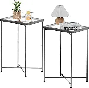 Garden 4 you Small Side Table, Glass End Table Set of 2, Black Outdoor Side Table with Metal Frame, Mini Bedside Table for Living Room, Bedroom, Patio, Small Space, 2pcs