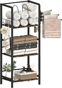 Mondazie Free Standing Towel Racks for Bathroom with 3 Rotating Bars, 3-Tier Floor Towels Holder Stand with Detachable Dividers, Pool Towel Storage Organizer with 8 S-Hooks for Home, Poolside, Black