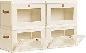 Homsorout Collapsible Storage Bins - Large Closet Organizer with Handles & Window, Decorative Storage Boxes, Fabric Containers for Living Room, Dorm, 4 Pack, Beige