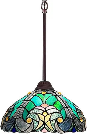 Tiffany Pendant Light fixtures 12" Wide Sea Green Stained Glass Pendant Lighting Vintage Style 1 Light Hanging Lamp for Kitchen Dining Room and Bar