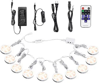 AIBOO Linkable Under Cabinet LED Lighting 12V Dimmable Puck Lights with Wireless RF Remote Control, Hardwired & Wall Plug in for Furniture Cupboard Lighting(10 Lights, Warm White)