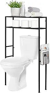 MyGift 2-Tier Over The Toilet Storage Rack, Over Toilet Bathroom Organizer, Freestanding Above Toilet Shelf with Removable Magazine Holder Basket, Black Metal Cabinet for Laundry Space Saver