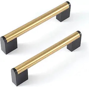 FULGENTE Golden Cabinet Pulls Brushed Brass Handles 5'' Stainless Steel Hardware for Kitchen Bathroom Wardrobe Bedroom Furniture Black Square Base and Rounded Gold Modern Style 5 inch (128mm) 10Pack