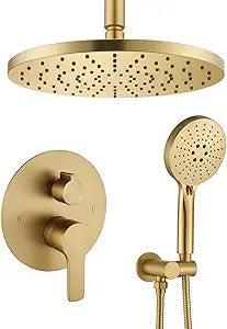 Iriber Shower System Ceiling Mounted Shower Faucet Mixer Set with Luxury High Pressure Shower head and 3-Setting Handheld, Bathroom Shower Trim Kit Contain Pressure Balance Valve,Brushed Gold