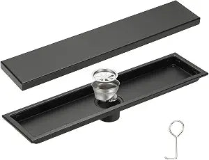 uxcell Rectangular Shower Drain, Brushed 304 Stainless Steel Odor-Proof Floor Drain Linear Shower Drain Hair Catcher for Bathroom Kitchen and Laundry Room(16 Inch, Black)