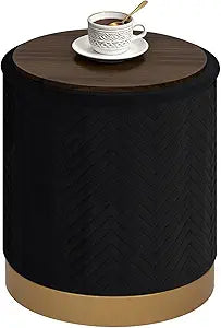 B FSOBEIIALEO Ottoman with Stroage, Round Velvet Storage Ottoman with Gold Plating Base,Foot Rest Stool for Dorm Room, Living Room Black, 14.76"x14.76"x16.35"