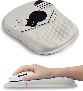 Ergonomic Mouse Pad with Cute Black Cat Design, for Carpal Tunnel Pain Relief, 65% Usable Mouse Area, Memory Foam Concave Wrist Rest for Office, PC, Gaming